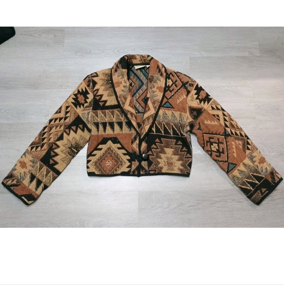 Vintage Flashback Tapestry Aztec Brown Blazer Jacket Thick Button Size Small